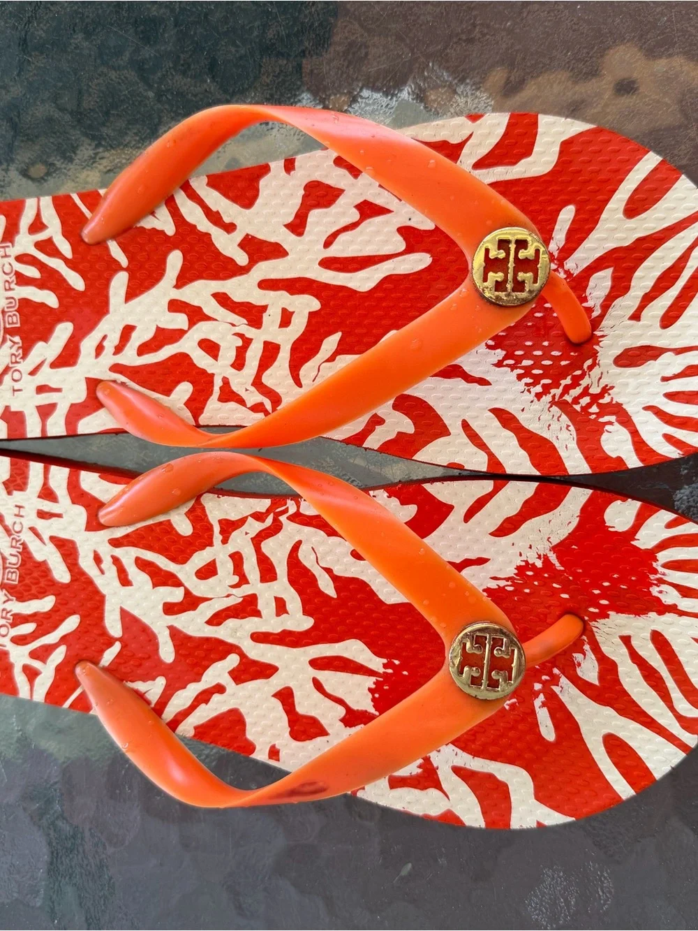 Tory Burch Orange Coral-Print Logo Flip Flops
